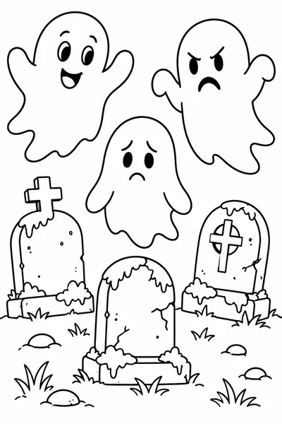 Coloring Pages of Ghosts Halloween – Three Expressive Ghosts Over Mossy Tombstones
