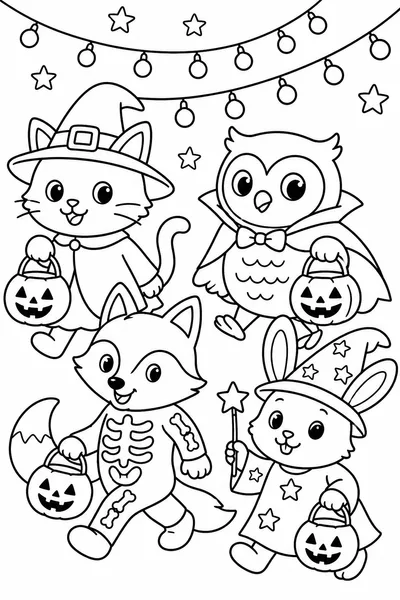 Halloween Animal Coloring Pages – Cat, Owl, Fox, and Rabbit in Costume Parade