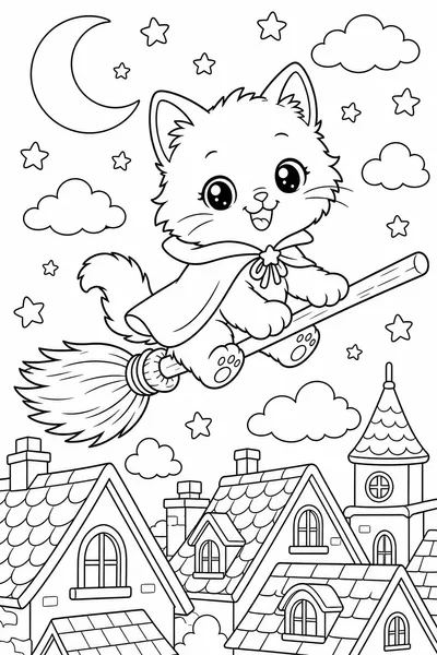 Halloween Kitten Coloring Pages – Fluffy Kitten in a Witch Cape Riding a Broomstick over Rooftops