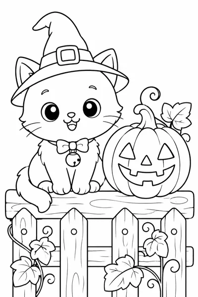 Halloween Kitty Coloring Pages – Round-Faced Kitten in a Witch Hat by a Jack-o-Lantern