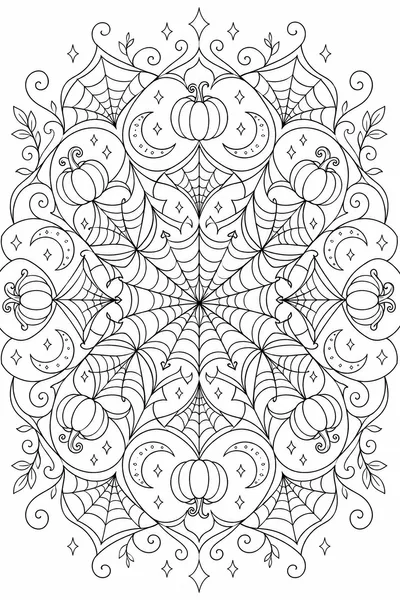 Halloween Mandala Coloring Pages – Symmetrical Spider Web and Pumpkin Mandala Design