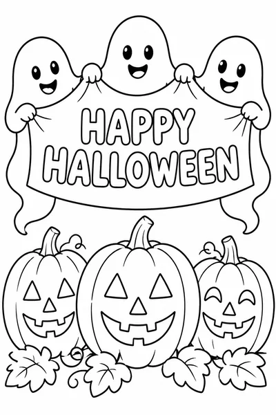 Happy Halloween Coloring Pages Printable – Three Ghosts Holding a Banner