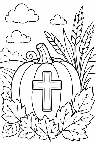 Christian Halloween Coloring Pages – Cross Pumpkin in a Harvest Field