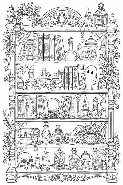Halloween Adult Coloring Book – Detailed Haunted Bookshelf with Spell Books and Hidden Ghost