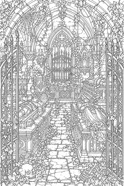 Difficult Halloween Coloring Pages – Densely Detailed Crypt Interior with Iron Gates and Cobwebs