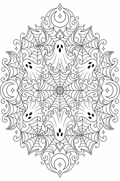 Adult Halloween Color Pages – Intricate Ghost Mandala with Cobwebs and Crescent Moons