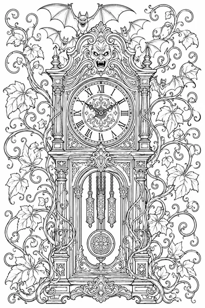 Halloween Color Books Printable – Towering Haunted Grandfather Clock with Bats and Vines