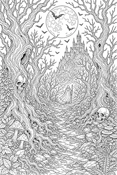 Spooky Halloween Coloring Pages for Adults – Intricate Haunted Forest with Full Moon