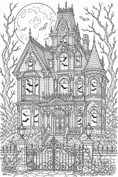 Halloween Coloring Pages Haunted House – Towering Mansion with Ornate Trim and Full Moon