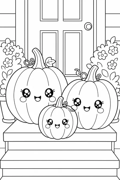 Kawaii Halloween Coloring Pages – Three Blushing Pumpkins on a Doorstep