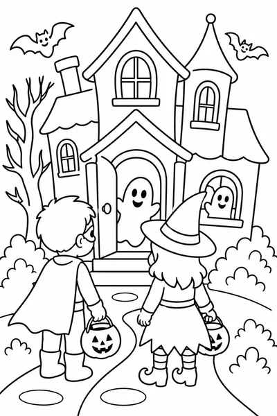 Free Halloween Coloring Pages for Kids – Two Children Trick-or-Treating at a Haunted House