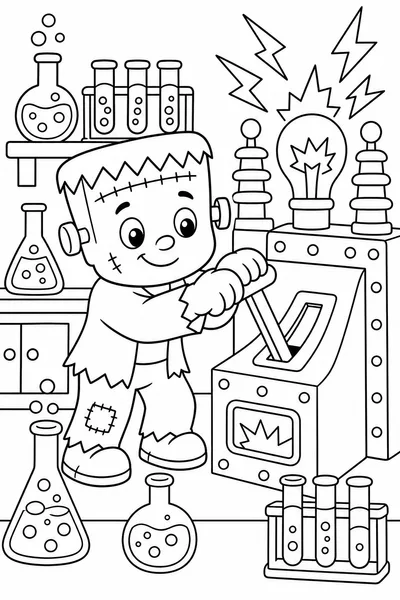 Kids Halloween Coloring Pages – Friendly Little Frankenstein in a Lab