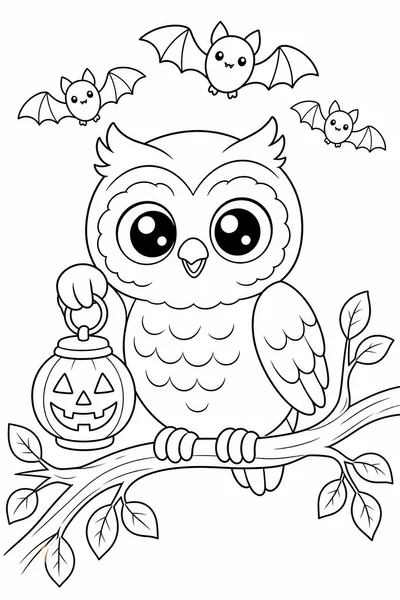Owl with Jack-o-Lantern Halloween Coloring Page
