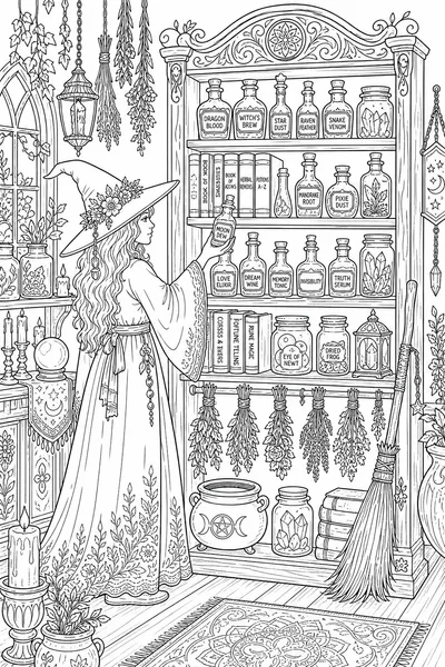 Witch Potion Shelf Coloring Page