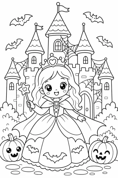 Princess Halloween Coloring Pages – Princess in Costume Before a Spooky Castle