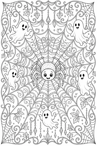 Full Size Printable Halloween Coloring Pages – Decorative Spider Web with Ghosts