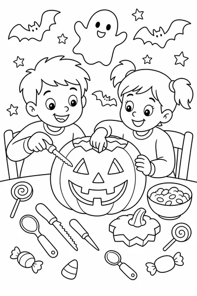 Halloween Pumpkin Color Pages – Two Children Carving a Big Pumpkin