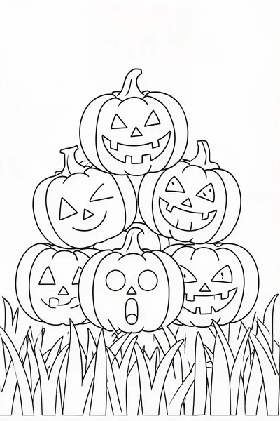 Coloring Pages for Halloween Pumpkins – Cheerful Carved Pumpkin Pile in a Harvest Field
