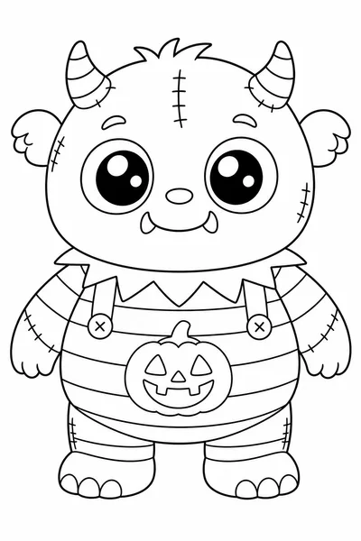 Halloween Labubu Coloring Page – Chubby Round Monster Doll with Oversized Eyes and Striped Halloween Outfit