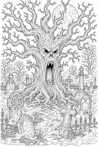 Halloween Coloring Pages That Are Scary – Screaming Gnarled Tree Over Foggy Graveyard