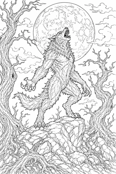 Scary Halloween Coloring Pages – Werewolf Howling at the Full Moon