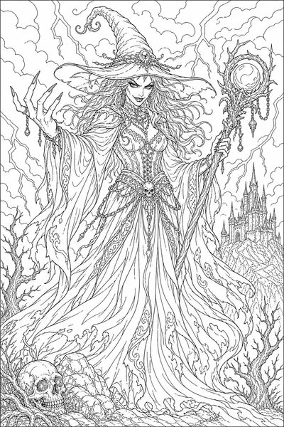 Scary Halloween Coloring Pages for Adults – Sinister Witch in a Lightning Storm