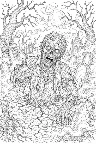 Scary Coloring Pages for Halloween – Zombie Rising in a Foggy Graveyard