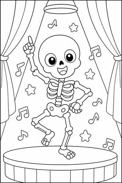 Cute Halloween Color Pages – Cheerful Skeleton Dancing on a Spotlight Stage