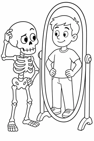 Funny Halloween Coloring Pages – Goofy Skeleton Surprised by Human Reflection
