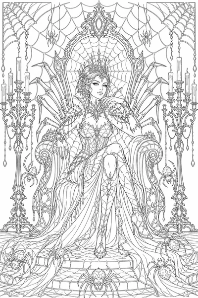 Spider Queen on Web-Covered Throne Coloring Page