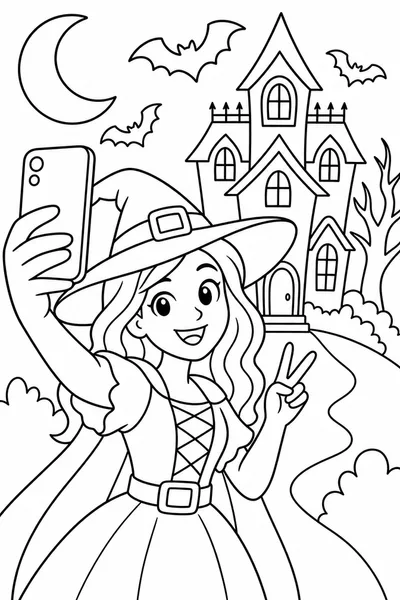 Halloween Coloring Pages for Teens – Witch Costume Selfie at a Haunted House