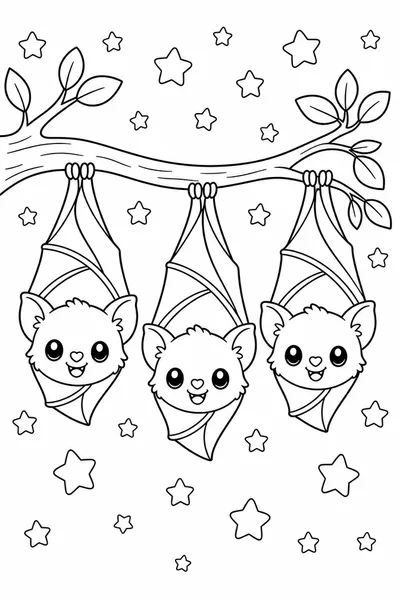 Halloween Color Pages for Preschool – Three Smiling Bats Hanging from a Branch