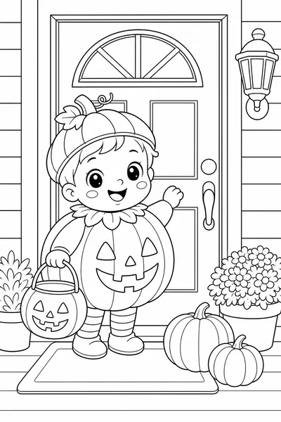 Halloween Coloring Pages for Toddlers – Smiling Child in Pumpkin Costume