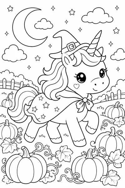 Halloween Unicorn Coloring Page – Unicorn in Witch Hat Trotting Through Pumpkin Field