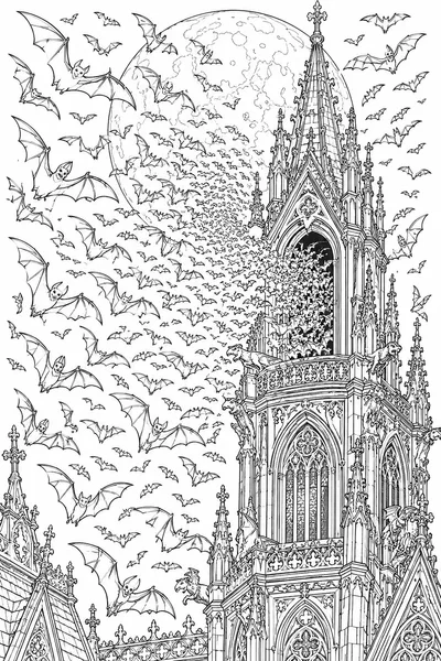 Vampire Bat Swarm Gothic Moon Coloring Page