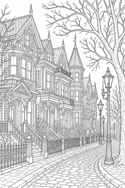 Vintage Halloween Coloring Pages – Victorian Haunted Street with Lantern-Lit Cobblestones