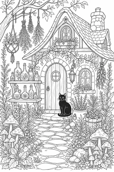 Spirit Halloween Coloring Book – Cozy Witch's Cottage with Herb Garden and Black Cat