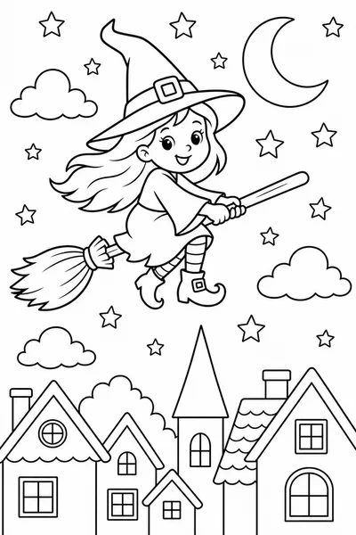 Coloring Pages Halloween Witch – Pointy-Hat Witch Flying Over Rooftops