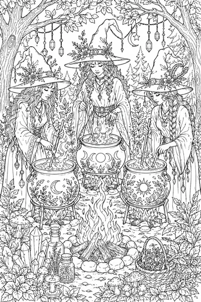 Halloween Witches Coloring Pages – Three Witches Stirring Cauldrons by Firelight