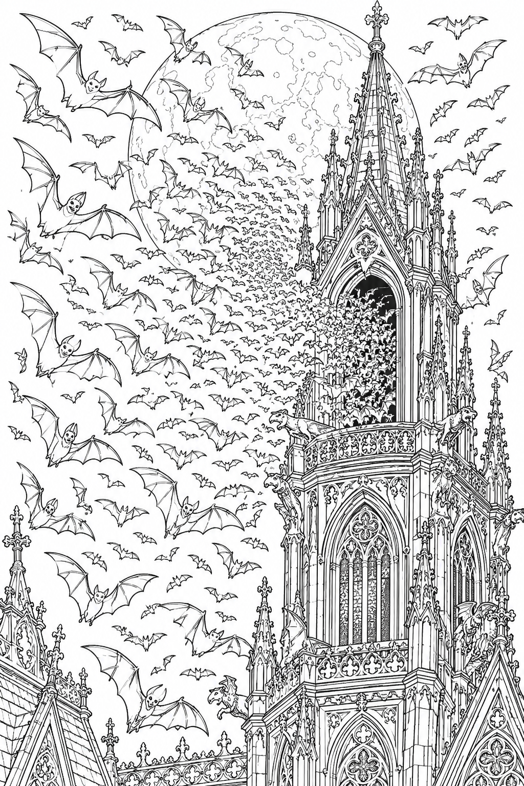 Vampire Bat Swarm Gothic Moon Coloring Page