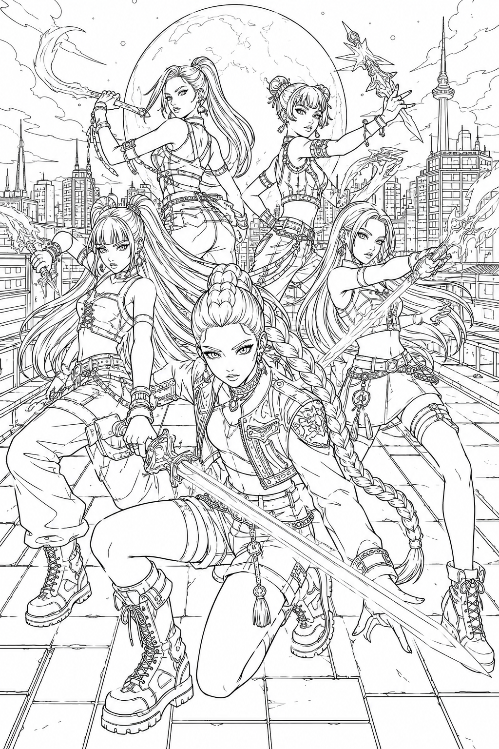 Kpop Idols Huntrix Kpop Demon Hunters Coloring Pages – Rooftop Battle