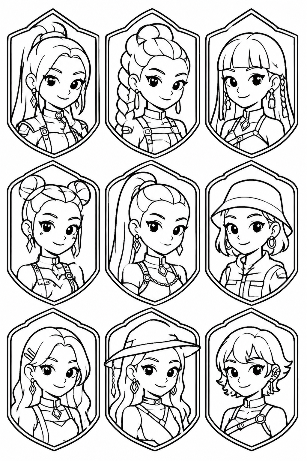Kpop Demon Hunters Coloring Pages as Stickers – Nine-Portrait Badge Sheet