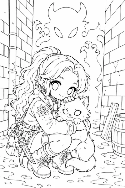 Kpop Demon Hunters Cat Coloring Pages – Hunter and Glowing-Eyed Familiar
