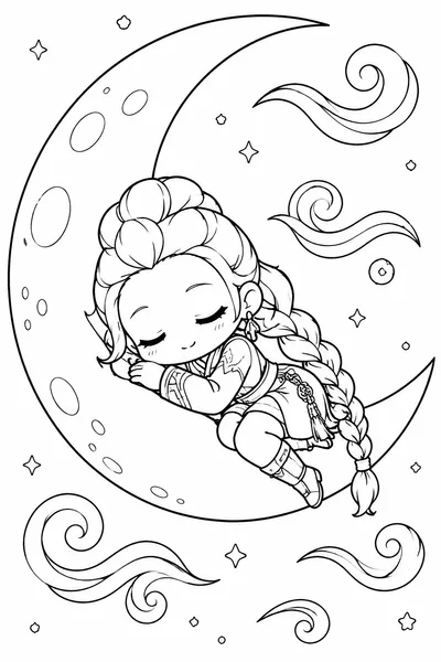 Chibi Rumi Sleeping on Crescent Moon Coloring Page