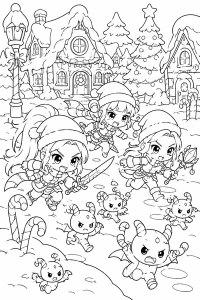 Kpop Demon Hunters Christmas Coloring Page – Santa Hat Candy-Cane Chase