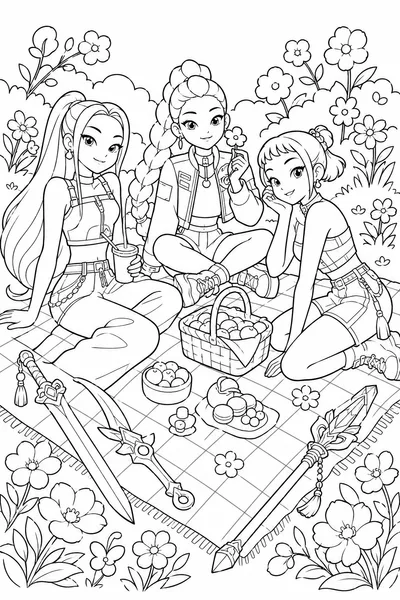 Huntrix Spring Picnic Coloring Page