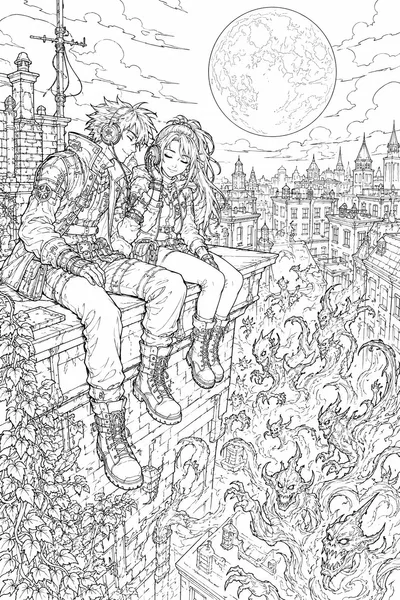 Moonlit Rooftop Duo Coloring Page