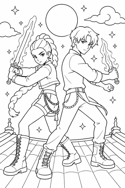 Kpop Demon Hunters Rumi and Jinu Coloring Pages – Back-to-Back Rooftop Battle