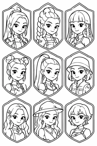 Kpop Demon Hunters Coloring Pages as Stickers – Nine-Portrait Badge Sheet
