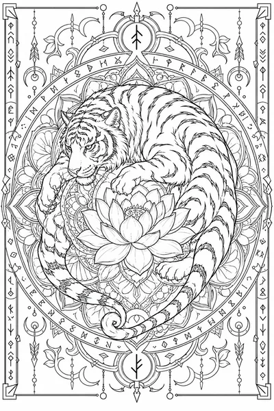 Tiger Spirit Lotus Mandala Coloring Page